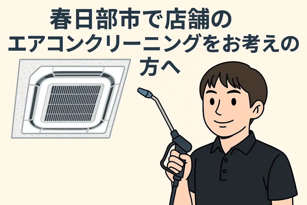 春日部市で店舗の天井埋め込み型エアコンをクリーニングしている作業員のイラスト