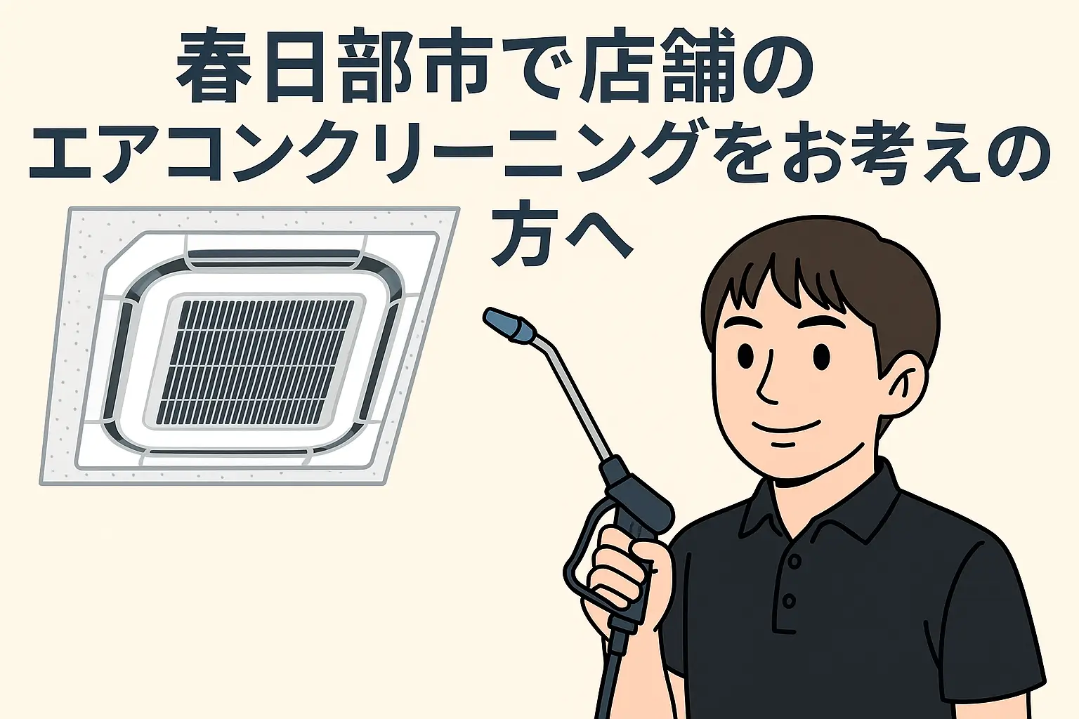 春日部市で店舗の天井埋め込み型エアコンをクリーニングしている作業員のイラスト