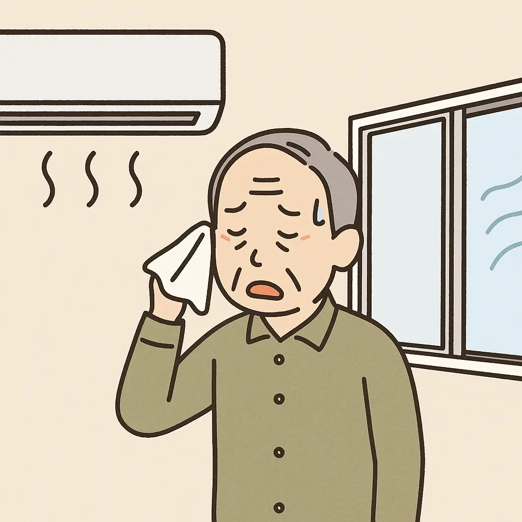 エアコン停止中の部屋で汗をかきながら不快そうにしている高齢者のイラスト