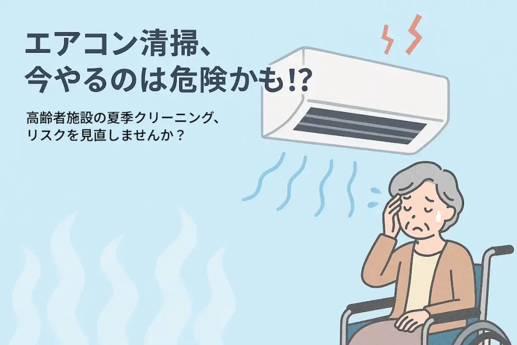 エアコンの下で汗をかきながら不快そうにしている高齢者のイラスト。高齢者施設の夏季エアコンクリーニングが危険であることを訴える構成