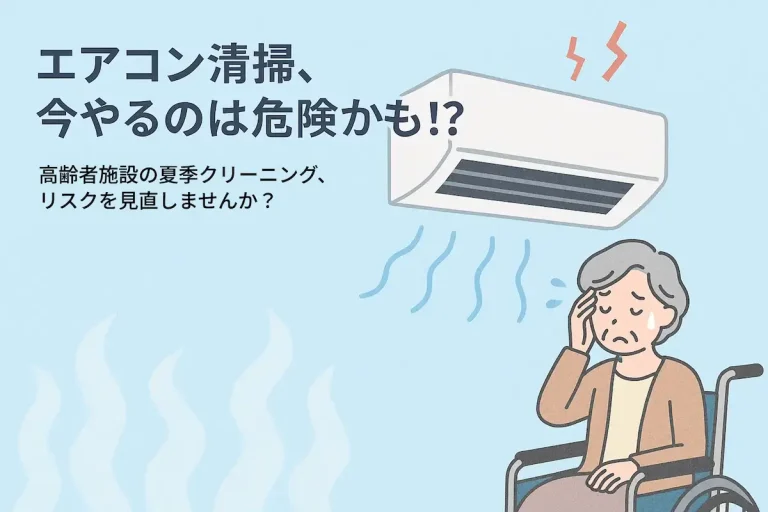 エアコンの下で汗をかきながら不快そうにしている高齢者のイラスト。高齢者施設の夏季エアコンクリーニングが危険であることを訴える構成