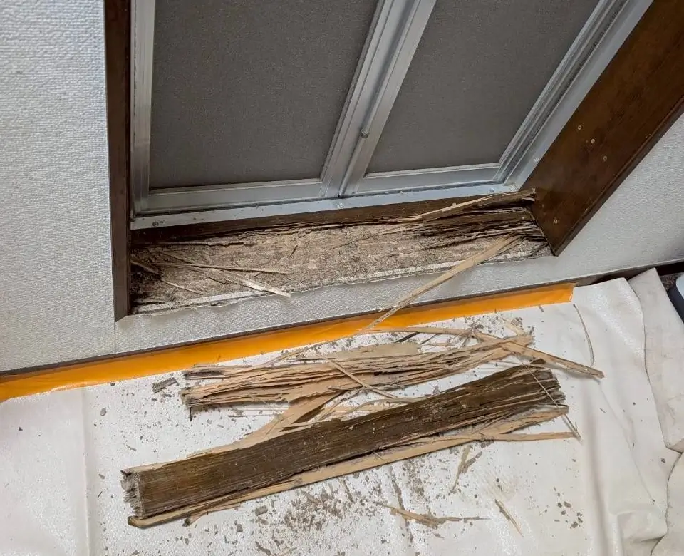 シロアリや湿気や経年劣化で傷んだ木製ドア枠を解体・交換前に確認している様子。室内リフォームや木部補修の施工前状態。