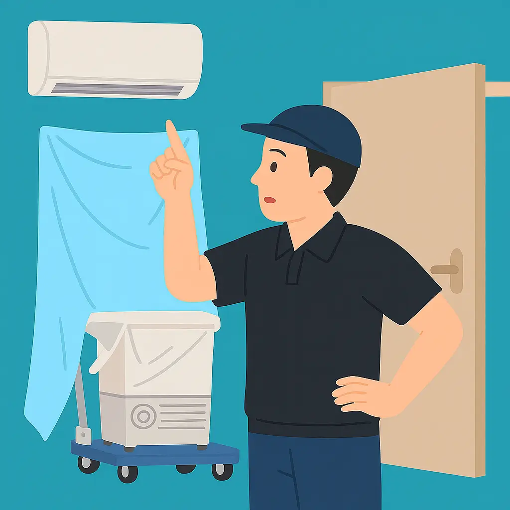 作業員が指をさしながらエアコンの点検または清掃をしている様子のイラスト