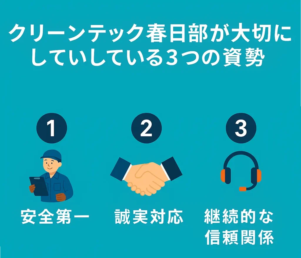 クリーンテック春日部が大切にしている3つの姿勢「安全第一・誠実対応・継続的な信頼関係」をわかりやすく表現したイラスト。青緑の背景に3つのアイコンを配置し、安心感と誠実さを表現。