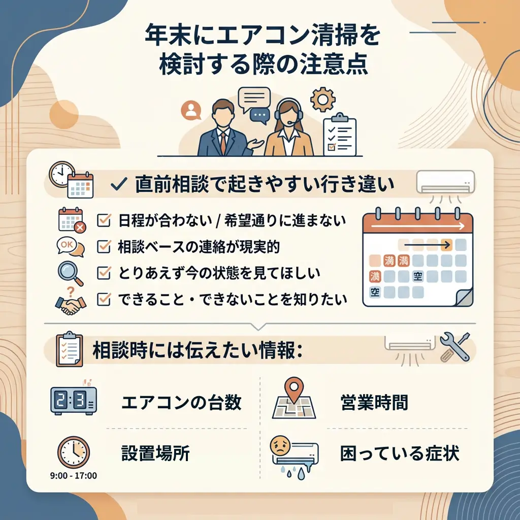 年末にエアコン清掃を検討する際の注意点と、直前相談で起こりやすい行き違い、相談時に伝えたい情報をまとめた図解