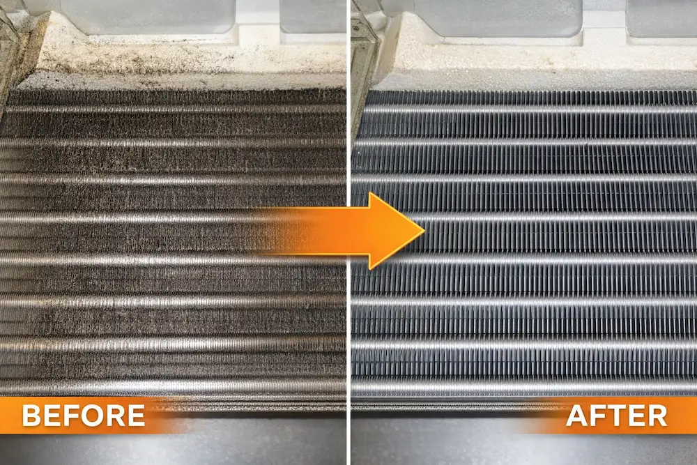 業務用エアコンの熱交換器を洗浄した清掃前と清掃後の比較