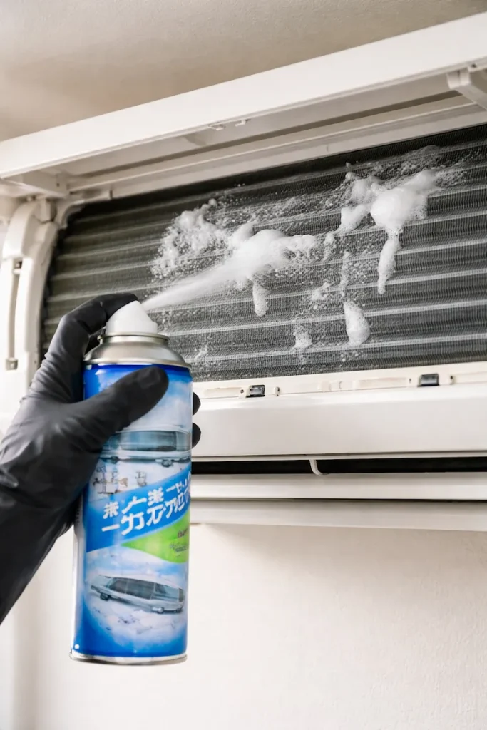 市販のエアコン洗浄スプレーでアルミフィンを掃除している作業風景