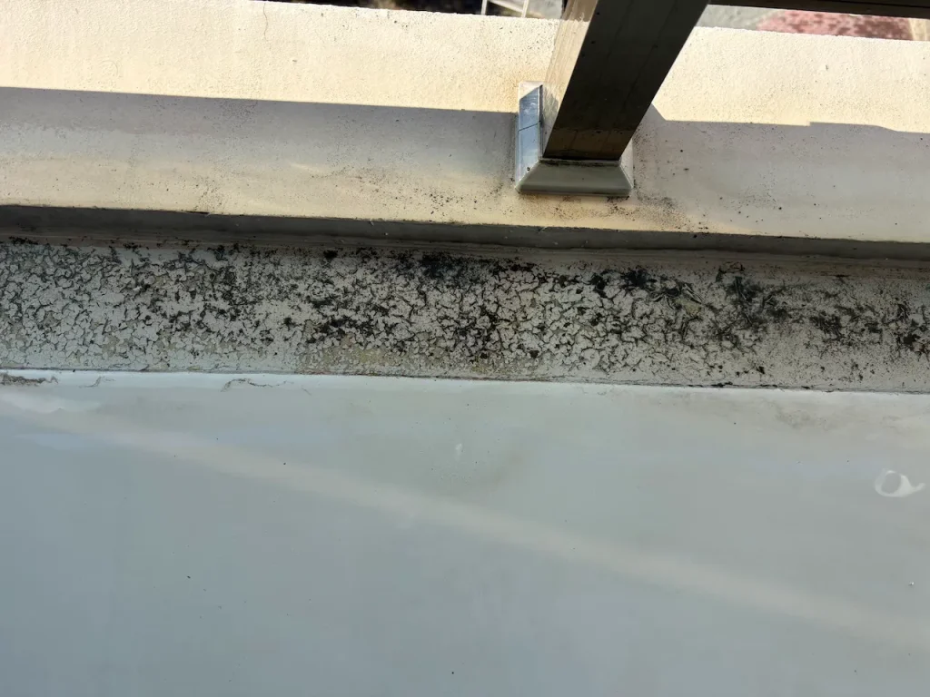 ベランダ排水路の黒ずみ汚れとカビ、床の素材が痛んで少し禿げている状態