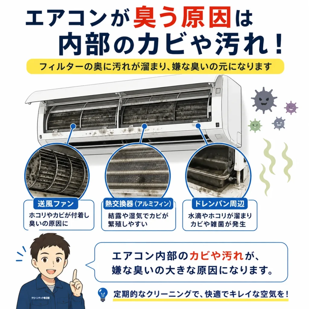 エアコン内部のカビや汚れが臭いの原因になることを解説した画像