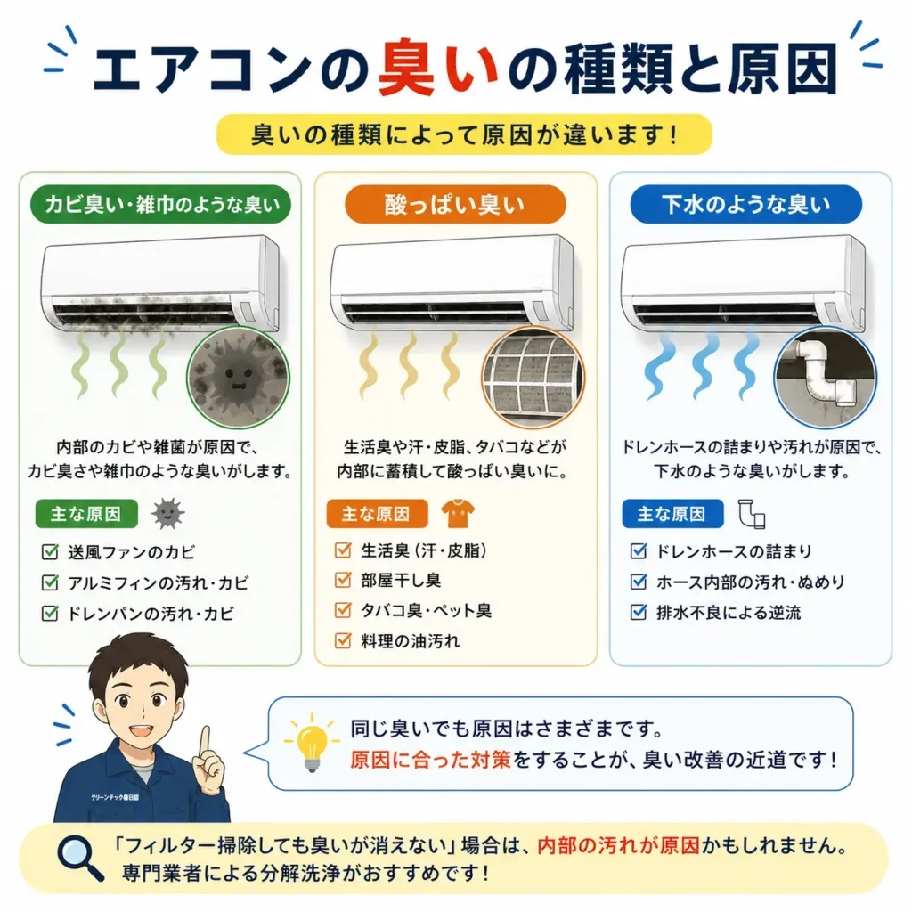 エアコンのカビ臭い・酸っぱい臭い・下水臭い原因を説明した画像