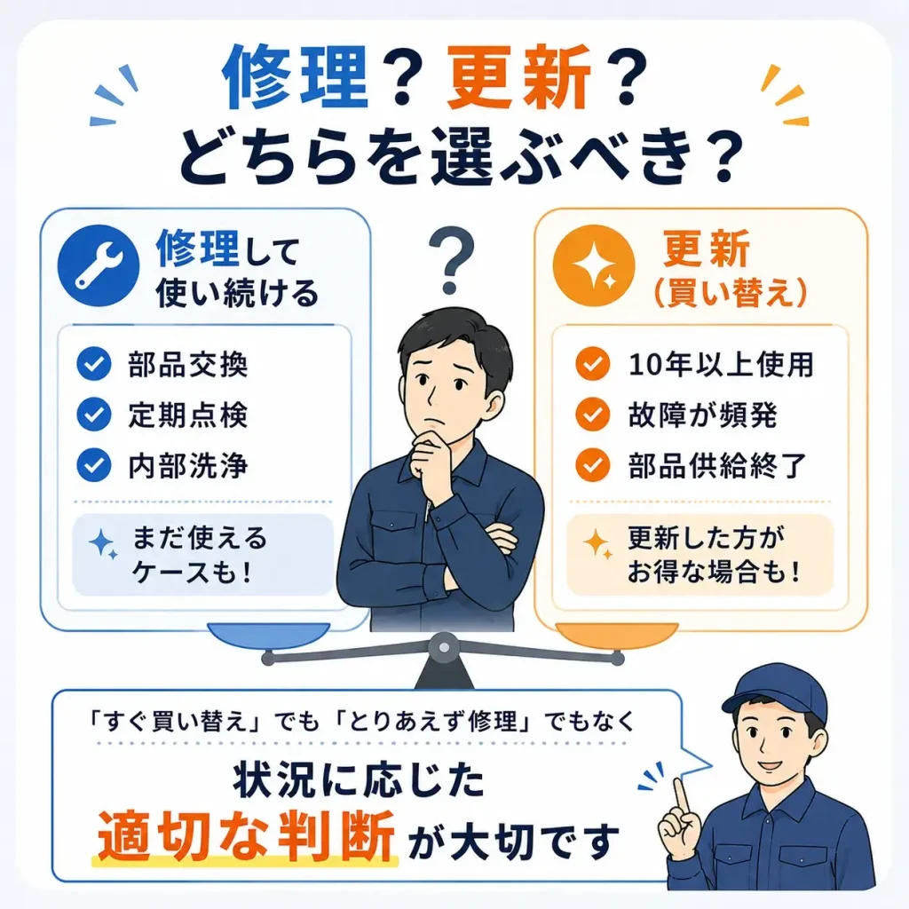 業務用エアコンの修理か更新かを、使用年数や故障頻度、部品供給状況から判断するためのイメージ
