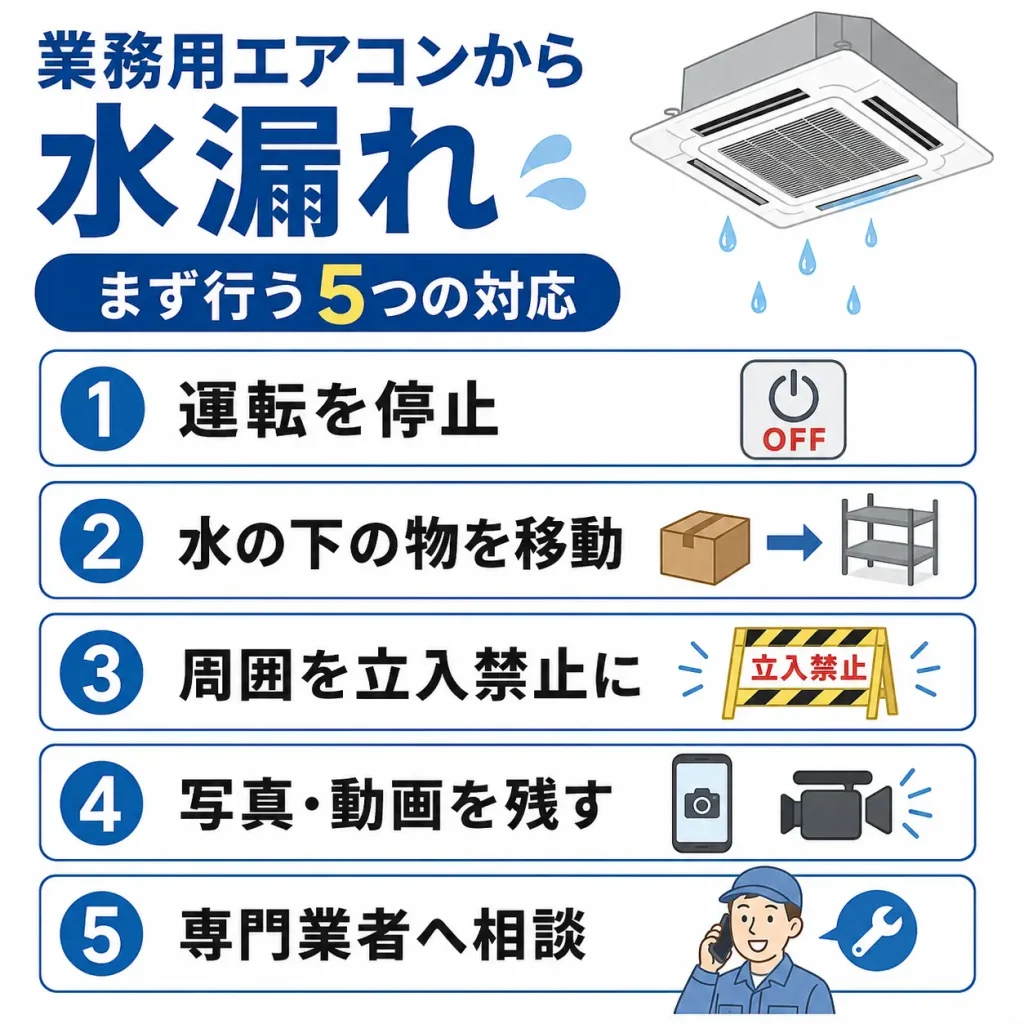 業務用エアコンから水漏れしたときにまず行う5つの対応