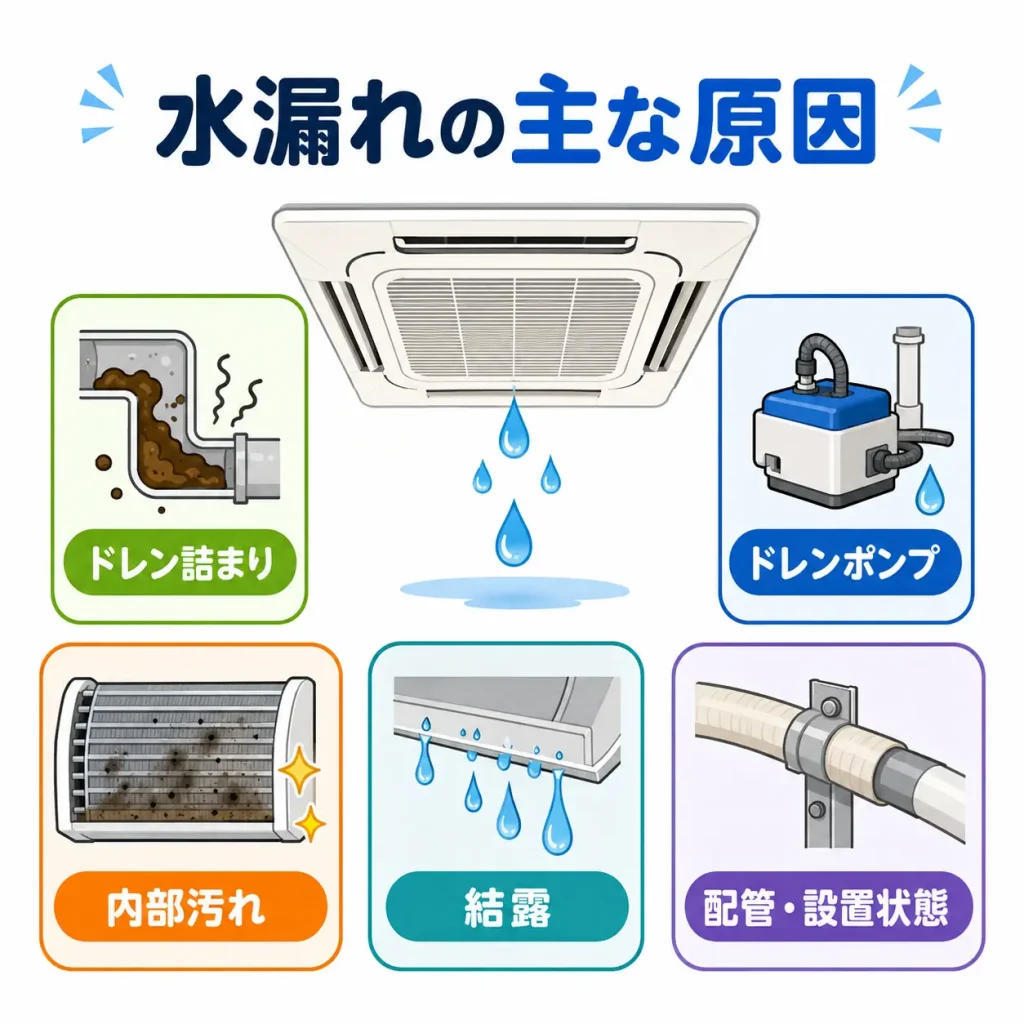 業務用エアコンの水漏れの主な原因となるドレン詰まり・ドレンポンプ・内部汚れ・結露・配管の設置状態