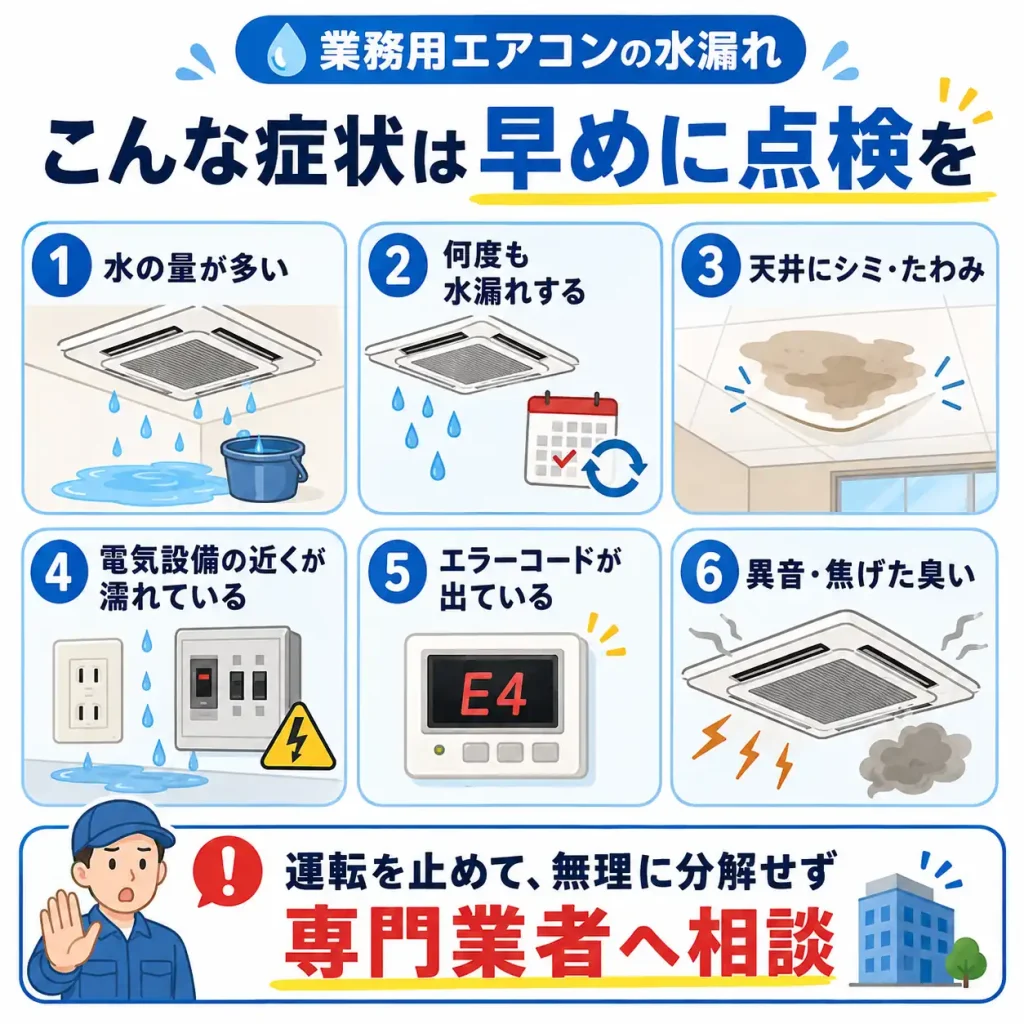 業務用エアコンの水漏れで早めに点検すべき6つの症状