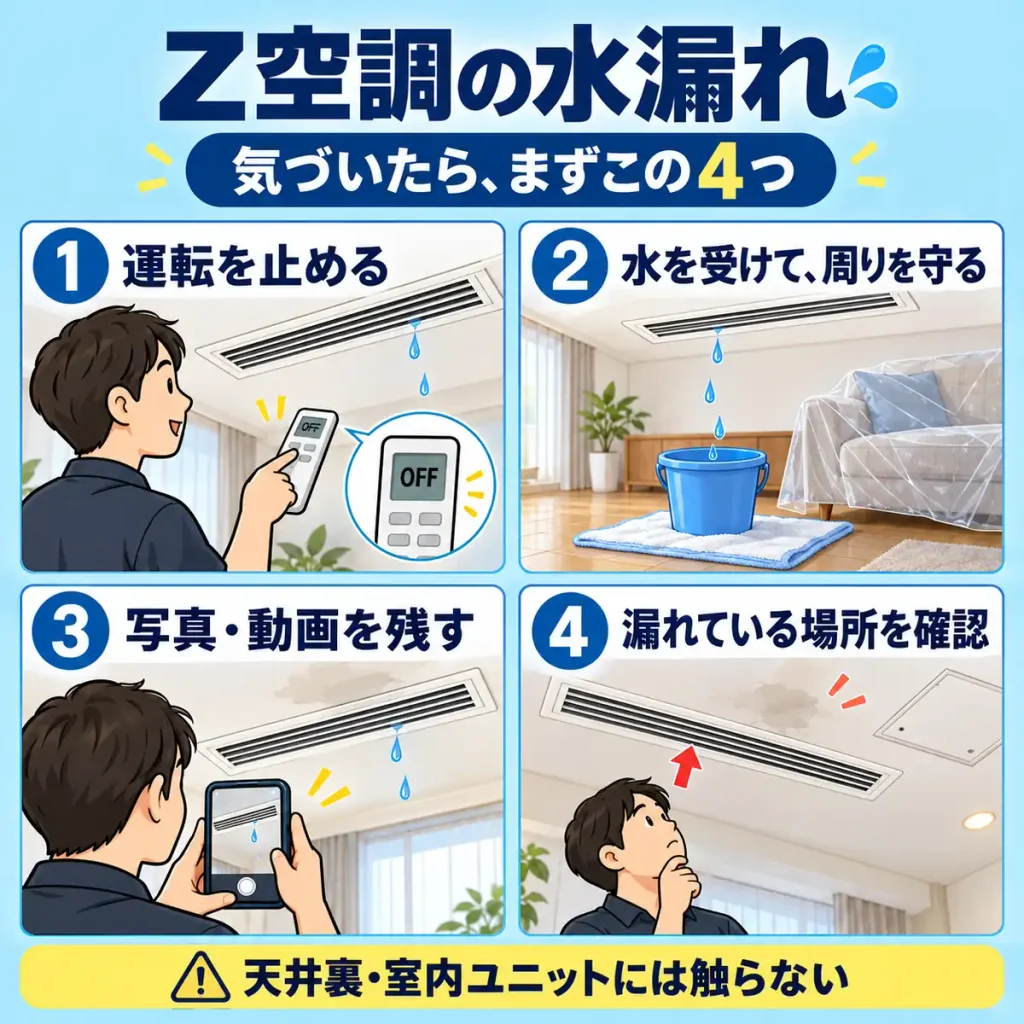 Z空調の水漏れ時に、運転停止、水を受けて周囲を保護、写真撮影、漏れた場所の確認を行う4つの場面。
