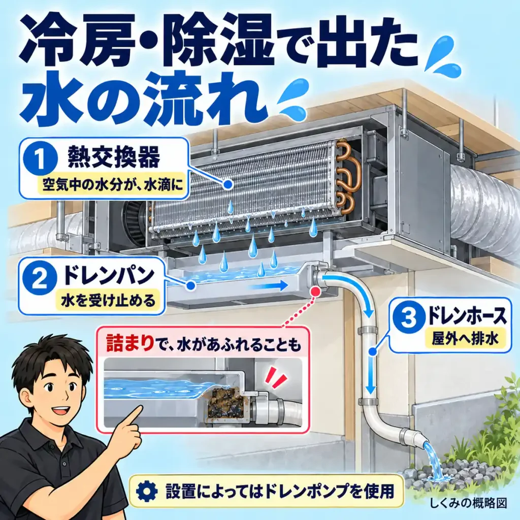 熱交換器でできた水滴がドレンパンからホースを通って屋外へ流れるしくみと、詰まりで水があふれる例を示す概略図。