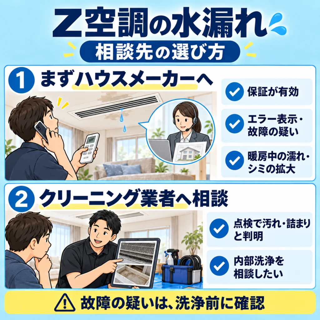 Z空調の水漏れでハウスメーカーへ電話する場面と、内部の汚れの写真をクリーニング業者と確認する場面で、相談先の目安を示す図。
