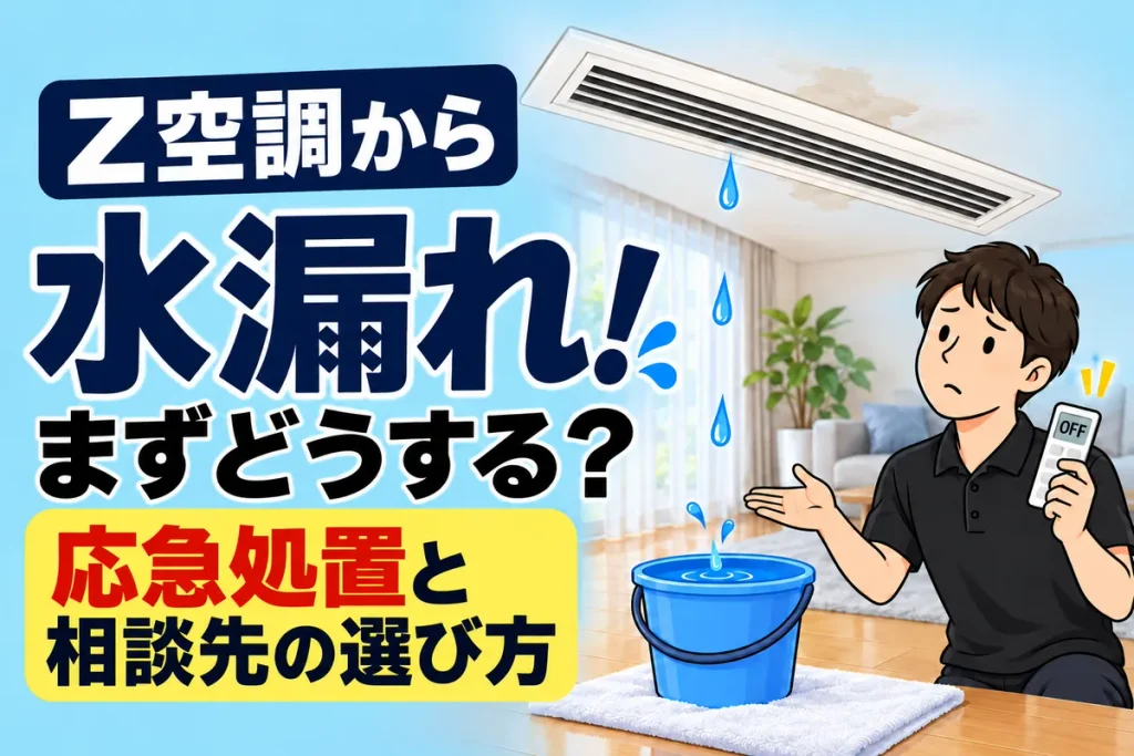 Z空調の水漏れに戸惑うスタッフがOFF表示のリモコンを持ち、落ちる水をバケツで受けている場面。